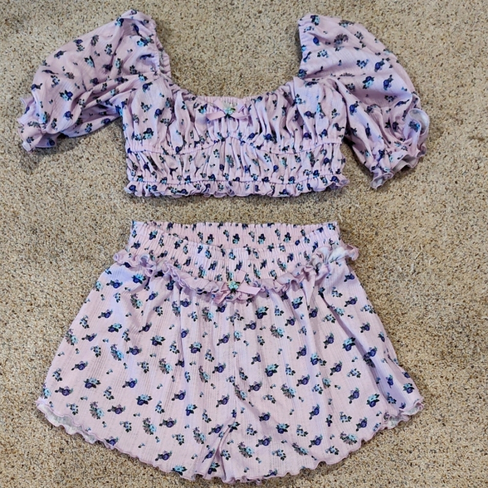 For Love And Lemons Floral Puff Sleeve Crop Top and Shorts Set S